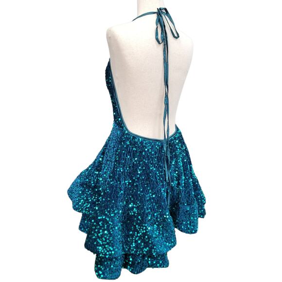 NWT Teal Halter Scoop Neck Sequin Short Dress - Picture 13 of 13